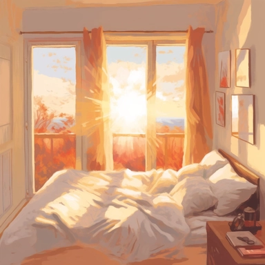 The morning sunlight shines into the window, and there is a bed in the room with oil paintings, White background, Clip Art Style