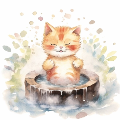 watercolor illustration, kitten smiling with an open mouth and with a towel over the head and enjoying a hot spring, surrounded by gentle steam rising from the onsen water, feeling the pleasant sensation. Small bubbles dance through its fur, creating a mysterious yet beautiful sight. The cat stretches out, gradually unwinding, as the warmth of the onsen melts away the tension in its muscles. It gracefully savors the serene atmosphere and the gentle touch of nature, embracing the tranquility of t