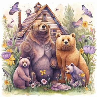 hand drawn family of bears, wearing shades of yellow and purple, at a cabin in the woods, bumblebees, purple flowers and grass, very detailed, very realistic, watercolor, clipart style