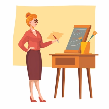 vector design, image the teacher is standing, behind the back is a chalkboard, side table with books, a close shot, flat modern illustration, clipart, white background, soft gradient transition, in the style of warm color palette, natural pastel colors, in bed red and yellow, object portraiture specialist, uniformly staged images, animated illustrations