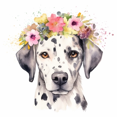 watercolor dalmation with flower crown, Etsy, textured, clipart, white background