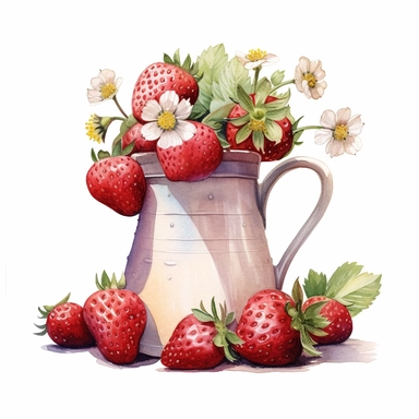 Commercial shot of realistic watercolor painting of a really cute cottagecore strawberry themed flower vase clipart, aesthetic, good looking food, delicious, yummy, foodie, healthy, white background no text, isolated on white, watercolor illustration, award winning, strong and sharp lines