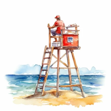 watercolor beach lifeguard on highchair with binocolurs in hand looking in the ocean , illustrations clipart set, simple, , cartoon elements ,different variants , separate elements with a margin, wooden and plastic elements elemets ,4k, high resolution