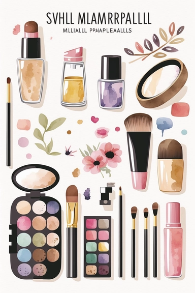 simplified makeup cliparts, simple shapes, no lines, no outlines, clipart most popular on etsy, featured on dribble, cartoon clipart, minimalist, computer vector graphic design clip art, watercolor illustration clipart, watercolour clipart, watercolor illlustration for kids and children, book illustration