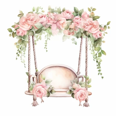 Compose a delightful watercolor clipart of a baby swing, adorned only at the top with soft pastel pink roses. Set against a pure white background, the illustration should highlight the detailed structure and texture of the swing, explicitly leaving the seating area free of flowers, hence offering a sense of gentle sway and comfort.