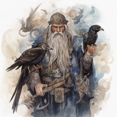 Create a captivating watercolor painting of Odin, the Norse god, dressed in an intricate and imaginative armor, accompanied by his two ravens, Huginn and Muninn. Portray Odin in a dynamic pose, as if he is commanding the forces of nature, showcasing his unparalleled power. Odin's armor should be designed with elaborate details and patterns, drawing inspiration from traditional Norse motifs, to make the image more fantastical. The two ravens should be depicted in motion, circling around Odin and 