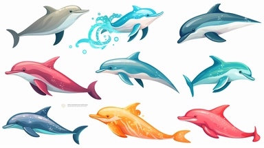 Dolphins vector clipart vector Dolphins cute collection, in the style of #screenshotsaturday, flat areas of color, flat color blocks, 1970–present, rough-edged 2d animation, lightbox, colorful animation stills