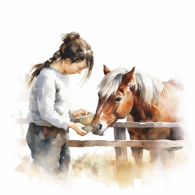 realistic watercolor drawing of a woman hand feeding a pony on a charming farm, on a white background where the background will be removed to repurpose as a clipart.
