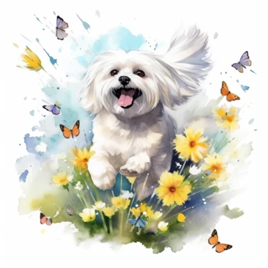 A playful scene of a Maltese dog frolicking in a field of daisies, with its silky white coat shining in the sunlight, surrounded by colorful butterflies, with a white background and watercolor clipart.