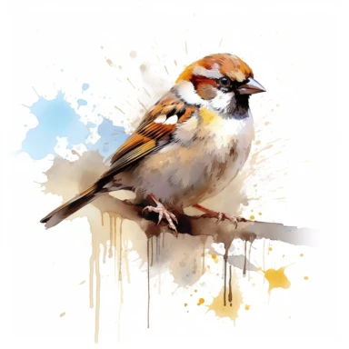 House sparrow. use a combination of vibrant colors and subtle variations in color to capture the freshness and vitality of the scene. Let the transparent and flowing nature of watercolors add a sense of lightness and movement to the painting, clipart, plain isolated white background, 8k ultra detail high sharpness