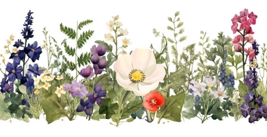 Pressed boho cottagecore snapdragon, cosmos, lupine, anemone and columbine floral border wildflowers with green foliages floral nature garden border, clipart with white background