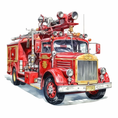 Retro Fire truck Clipart watercolor,Cartoon,hyper realistic, intricate detail, illustration style,high solution,on the white background