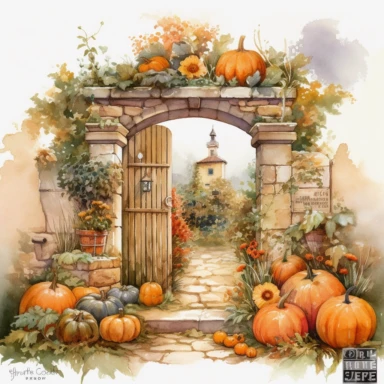 watercolor mixed media masterpiece beautiful open gate in garden, richly decorated with lavender and pumpkins and mushrooms and sunflowers, pots with flowers, the garden at the back of the house, provence, golden accents, shabby shic style, by Rodney Matthews style and by Daniel Ridgway Knight style and by Nicholas Hely Hutchinson style, Baroque style, PNG clipart, isolated on white, extreme photorealistic details, 32k HD resolution, realistic high detailization high resolution