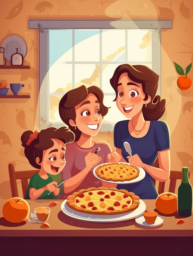 girl and her family are sitting at the kitchen table, happily eating apple pie made from purple apples, cartoon style clipart