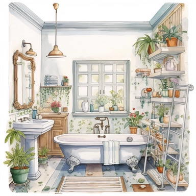 cozy cottagestyle bathroom, white background, illustration, detailed, vector, watercolor clipart