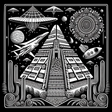 Spaceship, combine Mexican and Egyptian pyramides 5b887445-1ac4-44a1-97ca-12fa2278b91f , Contour Drawing, surreal fantasy abstract drawing, texture. 2D, symmetric, in the style of line art coloring page, black and white, vector drawing style, clipart, white background