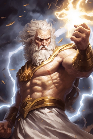 hyper-detailed portrait of greek god Zeus holding a mighty lightning bolt in his hand, wide-angle, action pose, dynamic composition, detailed neoclassical painting, fine brush strokes, oil on canvas, baroque, photorealism, intricate detail, white background, clipart