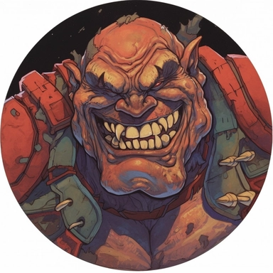 A circular tondo depicting a Dungeons & Dragons character orc orcish badass boss warrior bandit, Mike Allred Josh Kirby Mad Max Lord of the Rings, handpainted punk zine indie retrowave, clipart illustration, circle solid background