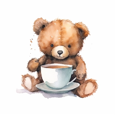 a minimal watercolor clipart of a brown teddy bear with a cup of tea, white background
