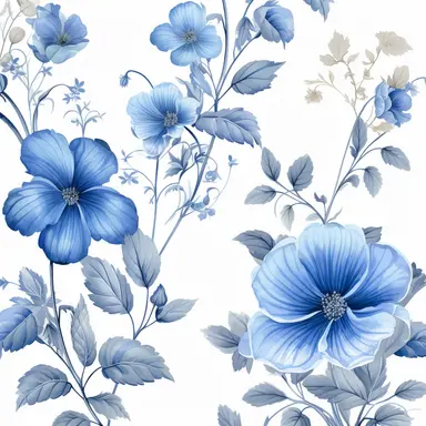 An illustration of blue flower clipart, reminiscent of the delicate and intricate botanical drawings by Beatrix Potter. Exquisite blue blossoms, meticulously rendered with fine details and graceful lines. The flowers exude a sense of elegance and serenity, capturing the beauty of nature. Cool color temperature enhances the calming atmosphere. Soft, diffused lighting adds a touch of softness, highlighting the delicate petals.
