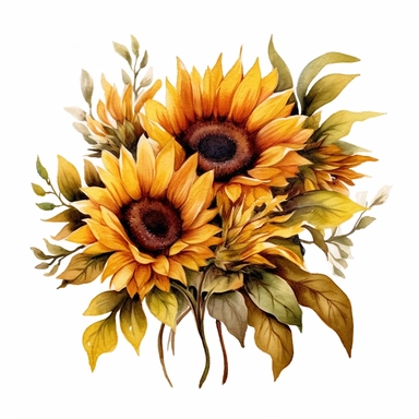 watercolour bunch of sunflowers clipart, hd, detailed, earth tones, white background, spaced out