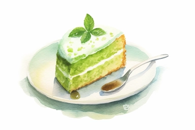 picturesque,a bright simple green tea sponge cake on dish in family restaurant, mint, clipart on white background, watercolor style,detailing, high quality, painted by Beatrix Potter, 8k