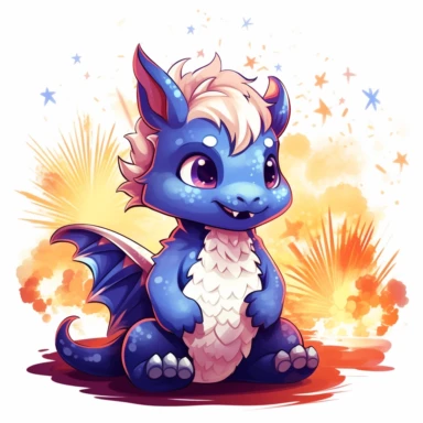 illustration of a cute baby dragon, watching fireworks on 4th of july, fireworks in background, 4th of july, clipart svg, white background