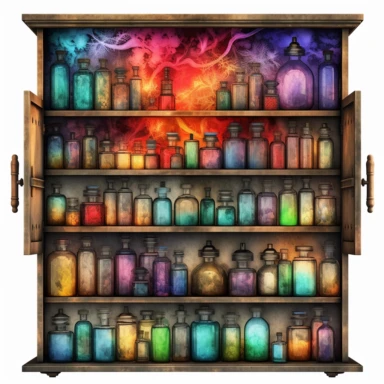 vibrant alcohol ink apothecary cabinet with open doors clipart