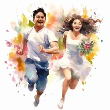 closeup photo of wedding couple in watercolor, Athletic couple with joyful expressions, running towards a blooming garden, watercolor, Pixar style, Clipart on a white background