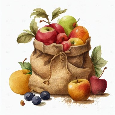 fruit in a burlap sack, watercolor clipart, transparent background