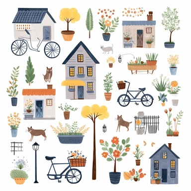 cute small houses, garden flowers and trees,cat, dog,bench, flower pots, fench,bycycle, house keys,postbox,birds,cute bettle car,outdoor lamps cliparts in hand drawn vector illustration on white background.