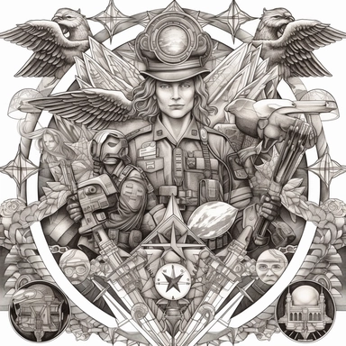 [army soldiers, bald eagles, american flags, patriotic, fantasy, lightning, fire, stained glass, planets, nebulas, stars, mushrooms, roses, biomechanical, occult, sacred geometry] inverted triangle clipart design, lines, lineart, very detailed, hyper detailed, black and white vector graphic, white background, white background