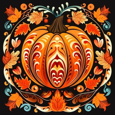 Design a pumpkin clipart inspired by folk art and folklore, where each section depicts a different cultural pattern associated with the autumn season. Explore patterns like paisley, rosemaling, or geometric motifs that symbolize harvest traditions and folklore from different regions.