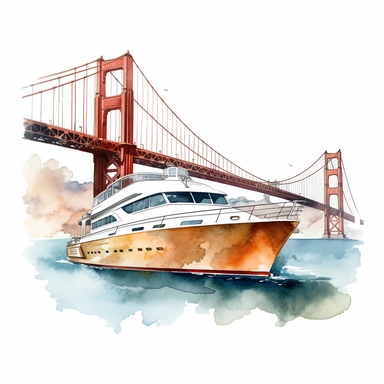 yacht in front Golden Gate Bridge, watercolor clipart, bright colors, minimalist, isolated white background, 8k