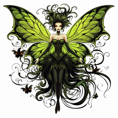 Halloween fairy, clipart, large neon green wings with black tips, black white stripes, pumpkin, isolated on white background, in the style of Amy Brown, beautiful fall floral, bright color, crisp lines, chaos 8