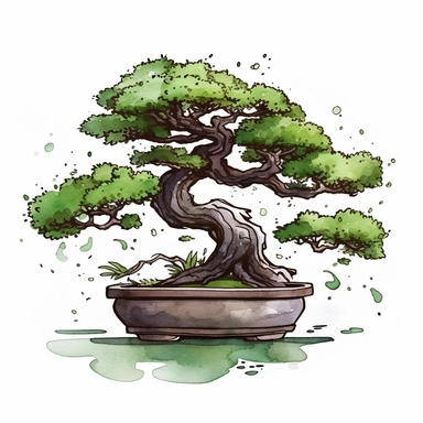 one bonsai tree inked by amanda tirado Watercolor clipart on a white background, in the style of digital gradient blends, rounded, decorative elements, high quality photo, cartoon-like characters, water drops, earth tones, no watermark, text, 300 DPI , typography, shapes do not stick together, no text in the picture, on a white background