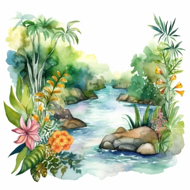 Design a watercolor jungle river clipart scene, with a winding river flowing through a lush tropical landscape filled with vibrant flowers and foliage on a white background. This adventurous design can be used to enhance various clipart elements or as a standalone decoration for exploration or nature-themed projects.