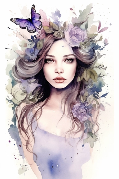 Clipart Young woman. In the style of fabulous qualities, lavender and sage, surrealism, delicate, whimsical composition, watercolor pencil and ink,