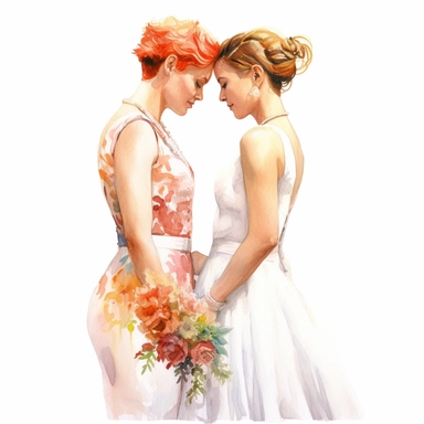 watercolor, hyper realistic, white background, white margins, 16k, ultra detailed clipart, cut out image, hand-drawn, whimsical celebration of love and commitment between two individuals of the same gender, wearing wedding attire, two brides