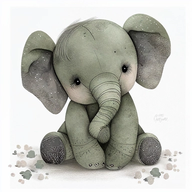 cute animal wall clipart, baby elephant in the style of atmospheric watercolor organic designs, soft and dreamy, dark silver and light green, storybook illustration, plush doll art
