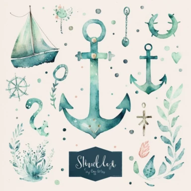 watercolor clipart of an anchor , cute cartoon nautical, watercolor, watercolor paper texture, no background. clear simple shapes.Adorable. High quality