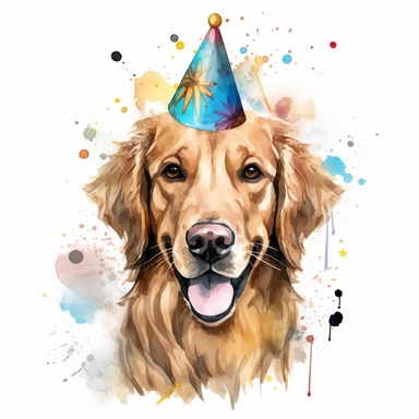 watercolor of a birthday golden retriever isolated on a white background, detailed ,realistic ,rtx on,textural richness,colorful imagery,digital illustration, clipart,