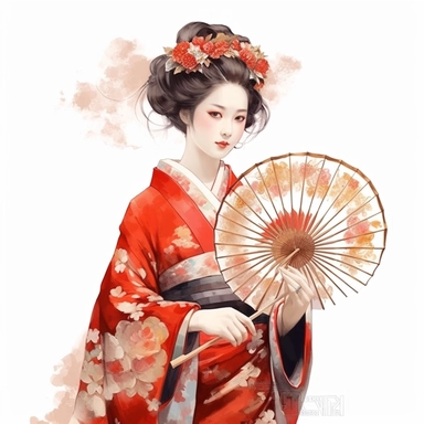 watercolor, white background, clipart, watercolor, white background, ultra-realistic and hyper-detailed clipart, 2d animation style, very beautiful confident Elegant geisha holding a fan (sensu)