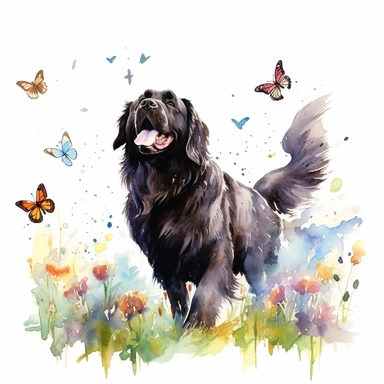 Playful Newfoundland chasing butterflies in a sunlit garden, its tail wagging with excitement, capturing its joyful and lively spirit, white background, watercolor clipart