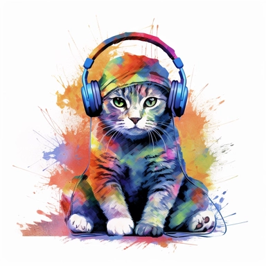 colorful cat art, full body, wearing cap and headphones, clipart, white background