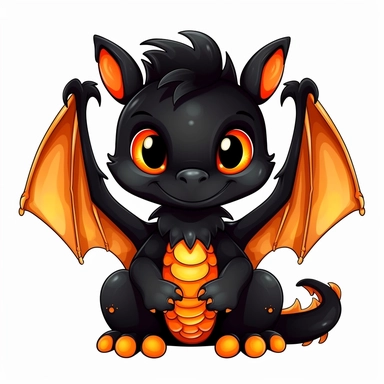 cute cartoon black and orange dragon clipart, white background,--no cut-off edges