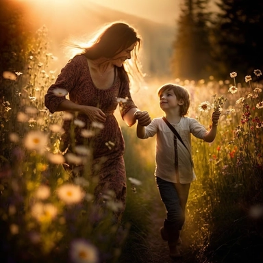 a mother and her child are walking together hand in hand through a field of wildflowers. The sun is shining down on them, casting a warm and golden glow on their faces. The mother is looking down at her child with an expression of pure love and adoration, while the child is looking up at her with wide-eyed wonder. The colors in the picture are vibrant and alive, with the wildflowers and the blue sky forming a breathtaking backdrop for this beautiful moment. This picture captures the essence of t
