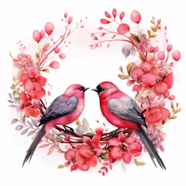 Romantic Clipart, Anniversary Celebration, Heart Wreath, Love Elements, Red and Pink Colors, Wedding Rings, Lovebirds, Watercolor, single design,