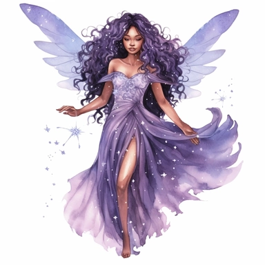majestic gorgeous african american fairy of the night with wings of stars and a glittering dress with long flowing violet hair clipart on white background in watercolor style