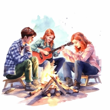A group of friends gathered around a campfire, roasting marshmallows and singing folk songs from the 1960s, american style, watercolor, clipart